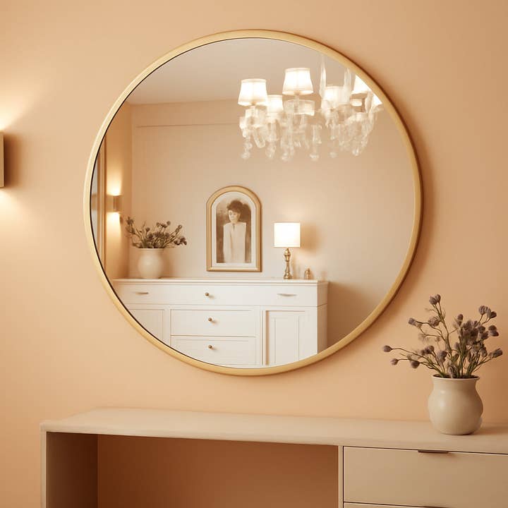 Gold Circle Wall Mirror 32 Inch Round Matte Metal Frame for wholesale by ShipItFurniture