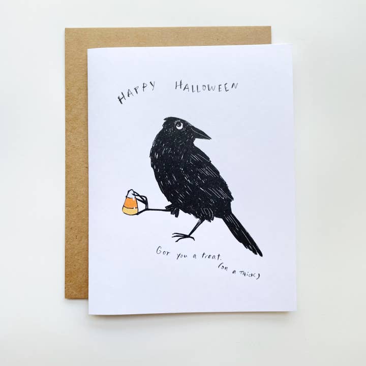 Happy Halloween Trick or Treat Crow Greeting Card for wholesale by Kendra Lee Miller Art