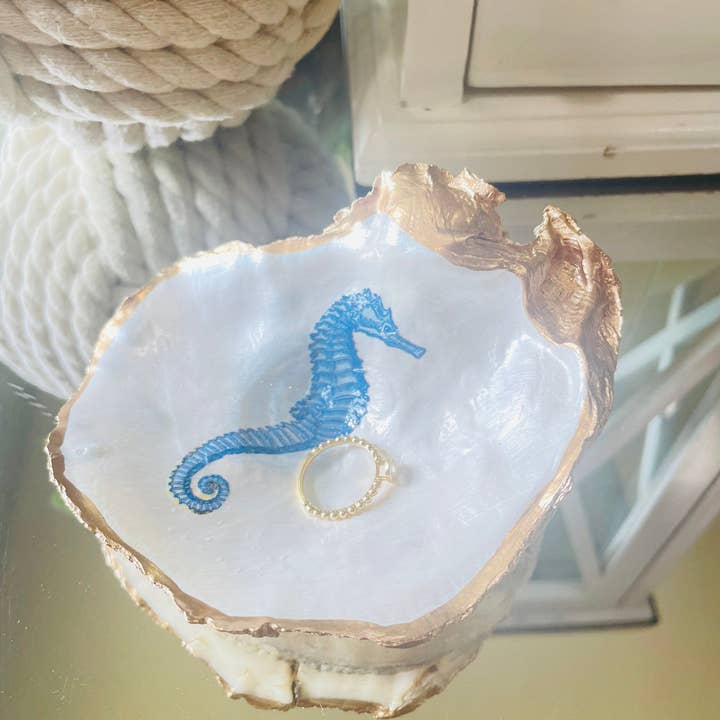 Oyster Shell Trinket Dish, Shell Ring Dish, Seahorse, Decoup for wholesale by Shells by Shea