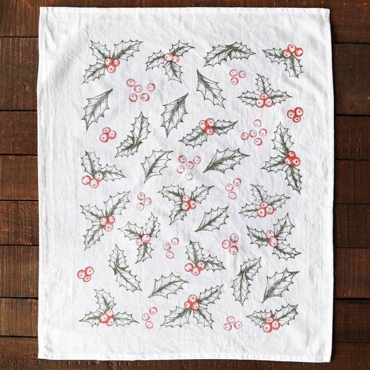Highland Ridge | Handmade Home Decor - Wholesale Tea Towel - Botanical Holly Tea Towel - Christmas Holiday Decor1