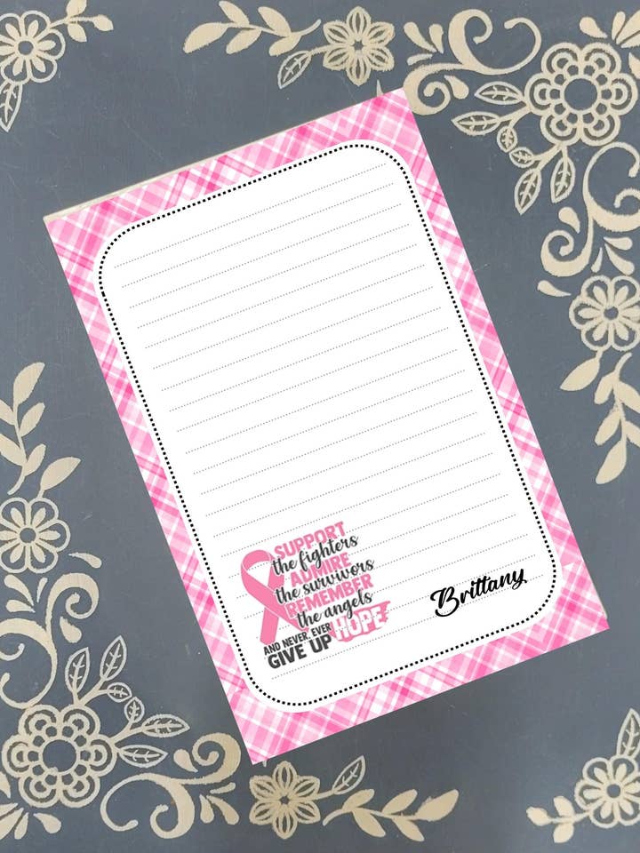 Personalized Cancer Awareness Pink Notepad Stationery for wholesale by Mrs. B's Stationery & Gift Shop