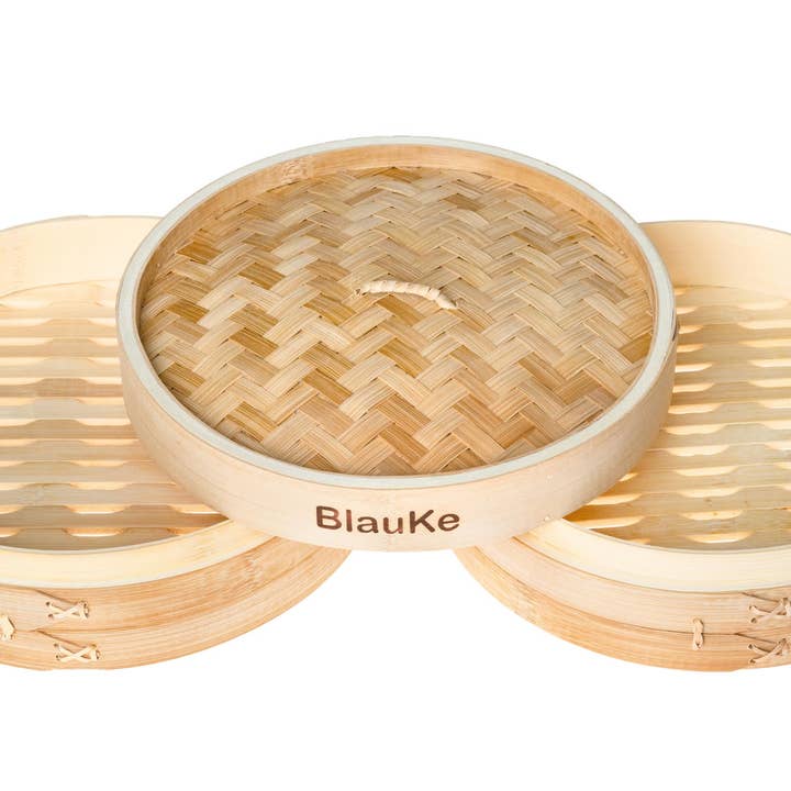 BlauKe - Wholesale Kitchen Tool/Gadget - Bamboo Steamer with Chopsticks, Kitchen Tongs and 50 Paper Liners | 2-Tier Bamboo Steamer Basket 10 Inch4