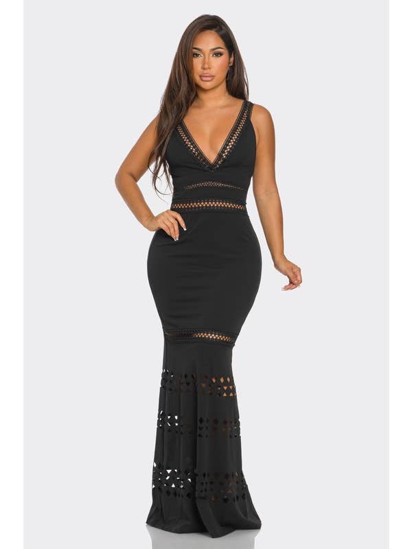BANJUL - Wholesale Dress - Women's - HD13439 V-Neck Sleeveless Semi-Hollow Mermaid Solid Dress