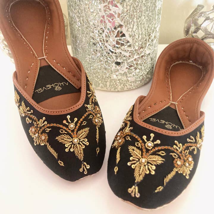 Winged Glory Golden Embellished Premium Black Wedding Khussa Flats with Low Heels for wholesale on Faire