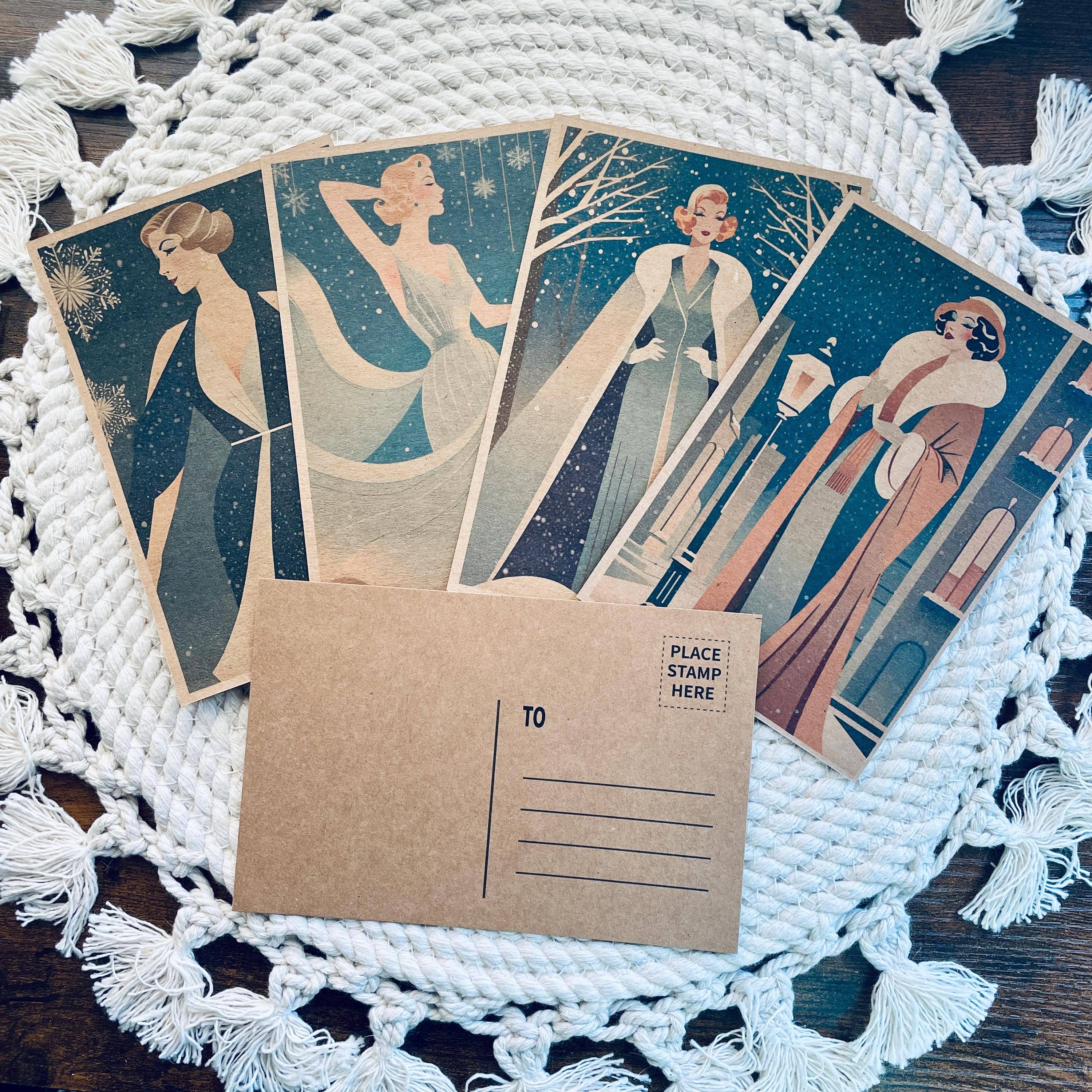 Cryptic Paper Co. - Vente Assortiment de cartes postales - Ensemble de 4 cartes postales de Noël Art déco hiver Kraft 10x15 cm8