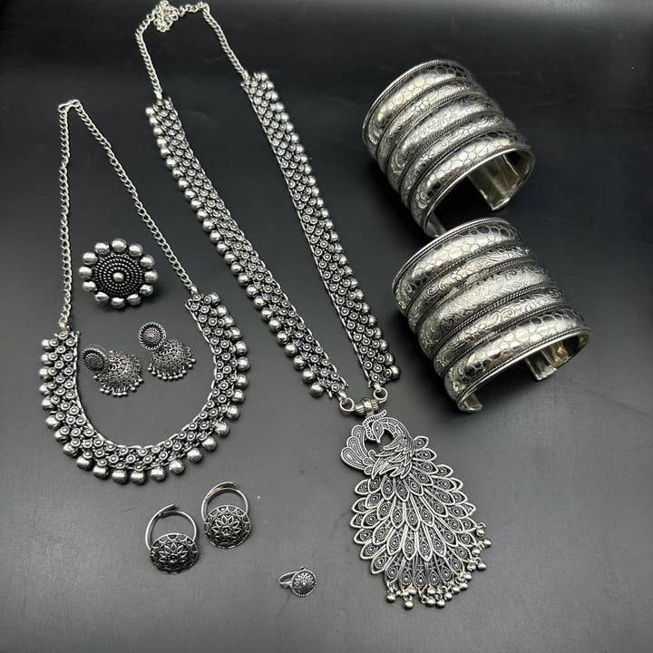 Quirky Fashions - Wholesale Jewellery set - 7Pc Boho Oxidized Ethnic Temple Indian Jewelry Set5