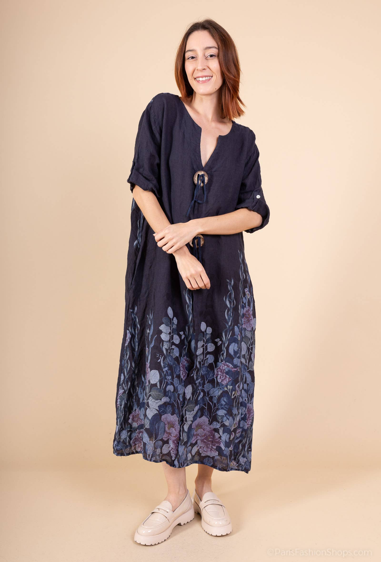 Shyloh - Vente Robe – femme - Robe en lin à imprimé fleuri et 2 boutons 149553