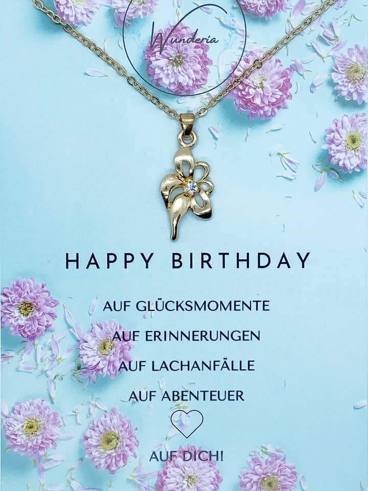 Collier en or Happy Birthday avec message fleur bijoux fantaisie pour la vente par Wunderia