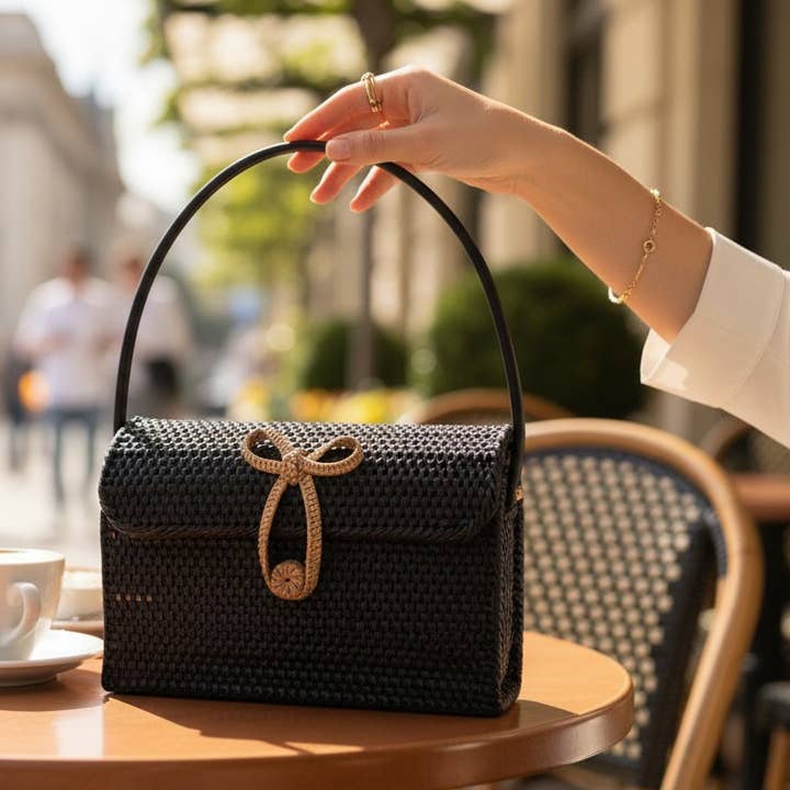 Rattan Top Handle Bag with Leather Strap & Woven Bow Closure for wholesale by Handicraft Heaven