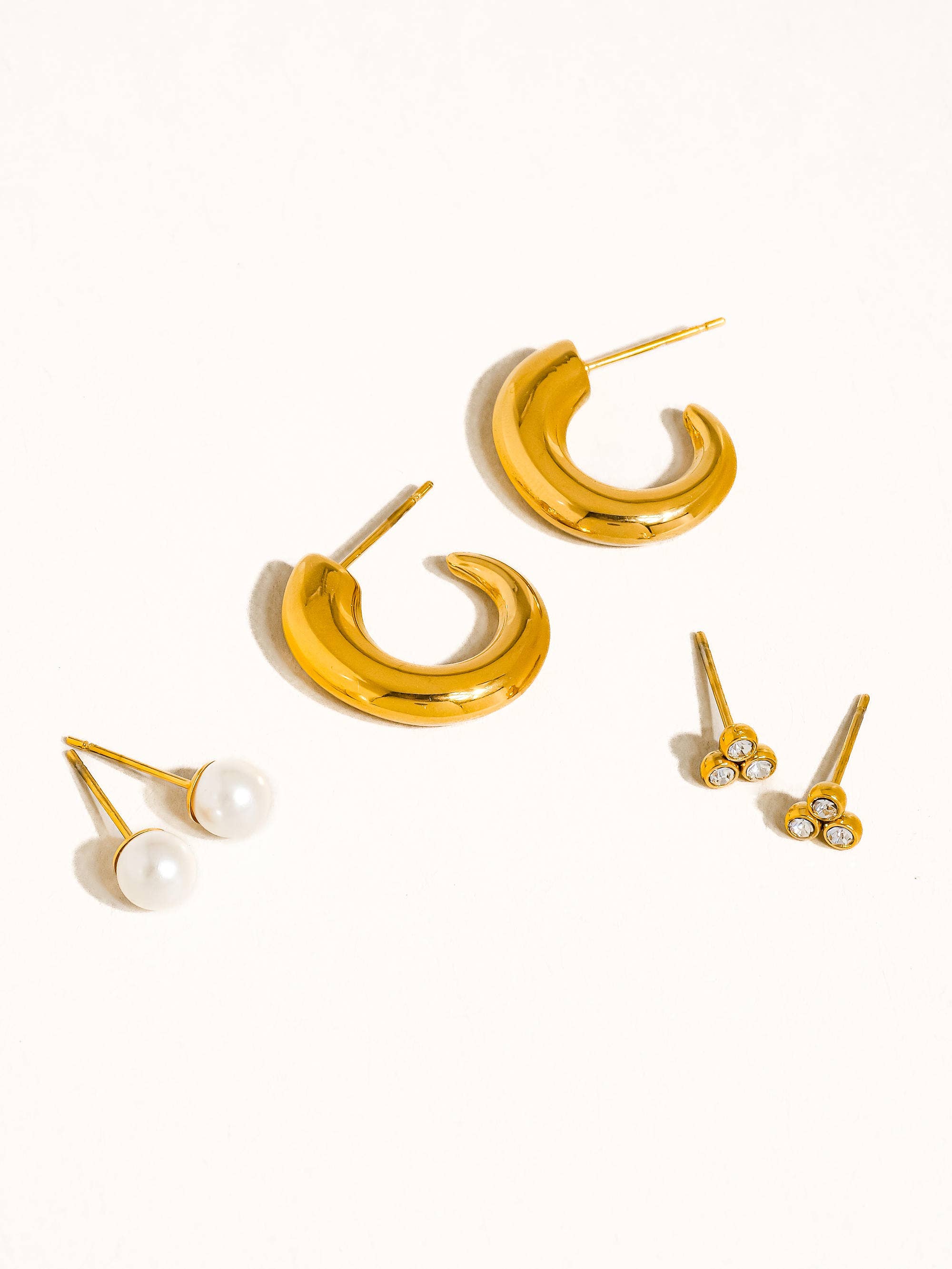 Carine 18K Gold Non-Tarnish Hoops, Pearl, CZ Earring for wholesale on Faire