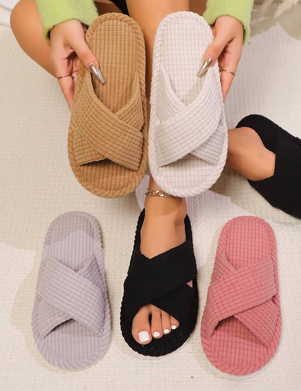 Dipped Shop - Wholesale Slippers - Women's - Cozy Crossed Waffle Indoor Slippers DP25F9049