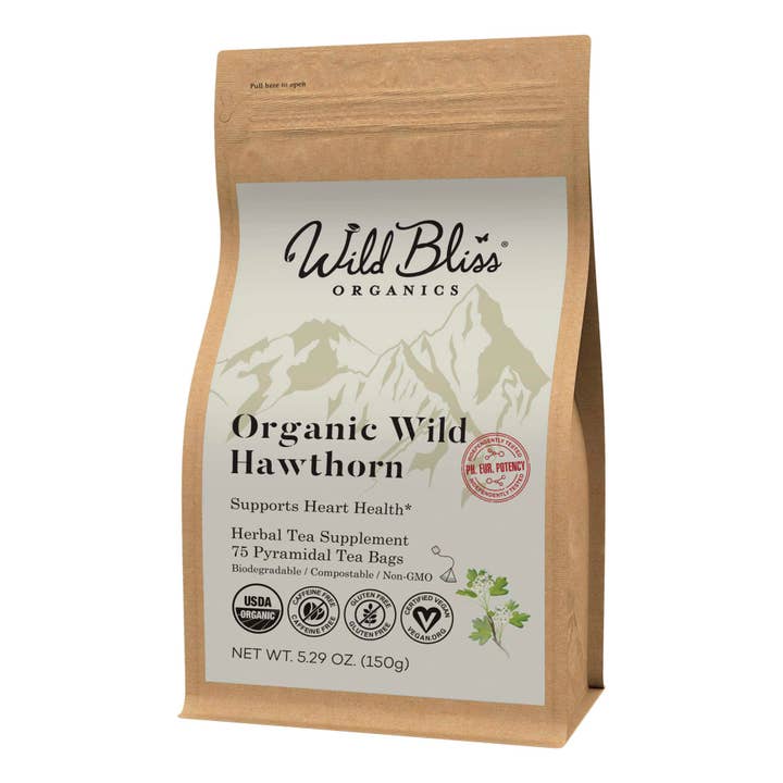 Organic Wild Hawthorn Leaf & Flower Wellness Tea, 75 Bags for wholesale by Wild Bliss