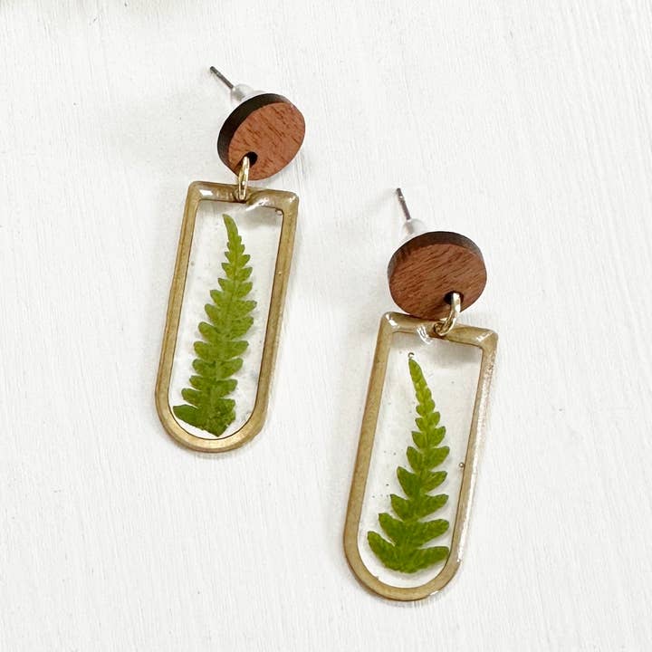 Earth Day Fern and Wood Earrings for wholesale by FloreOrganicBotanics