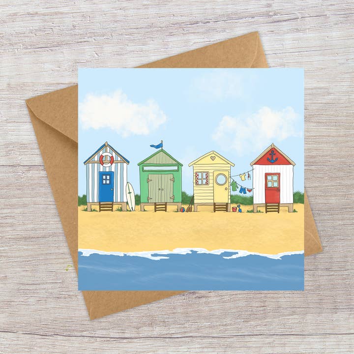 Seaside beach huts - Greeting card for wholesale by Lucy Driver Illustration