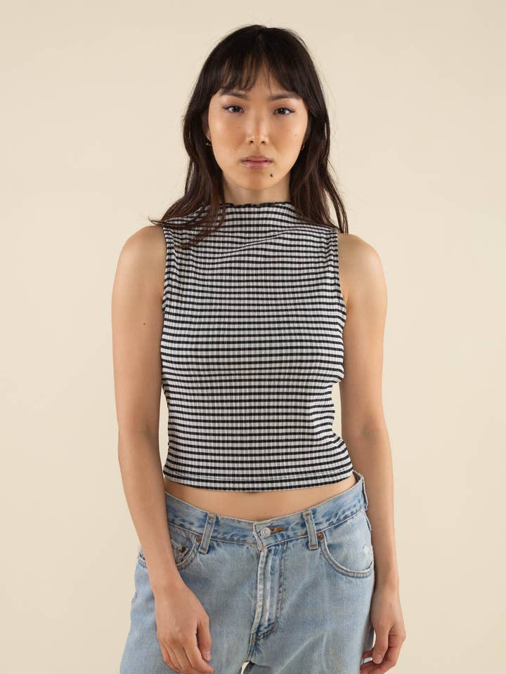 Beau Mock Neck Gingham Mid Length Tank for wholesale by NLT