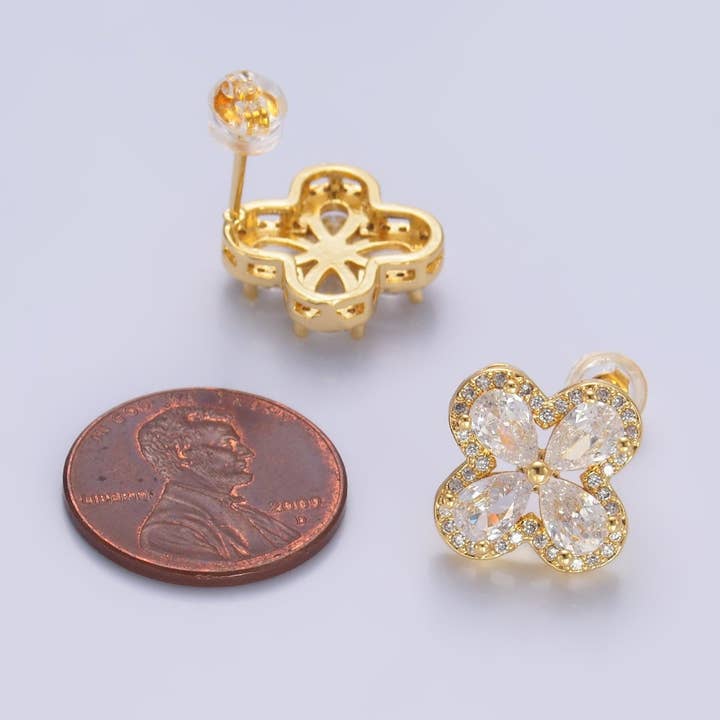Aim Eternal - Wholesale Stud/Post Earrings - Dainty Gold Cubic Zirconia Clover Stud Earring 3