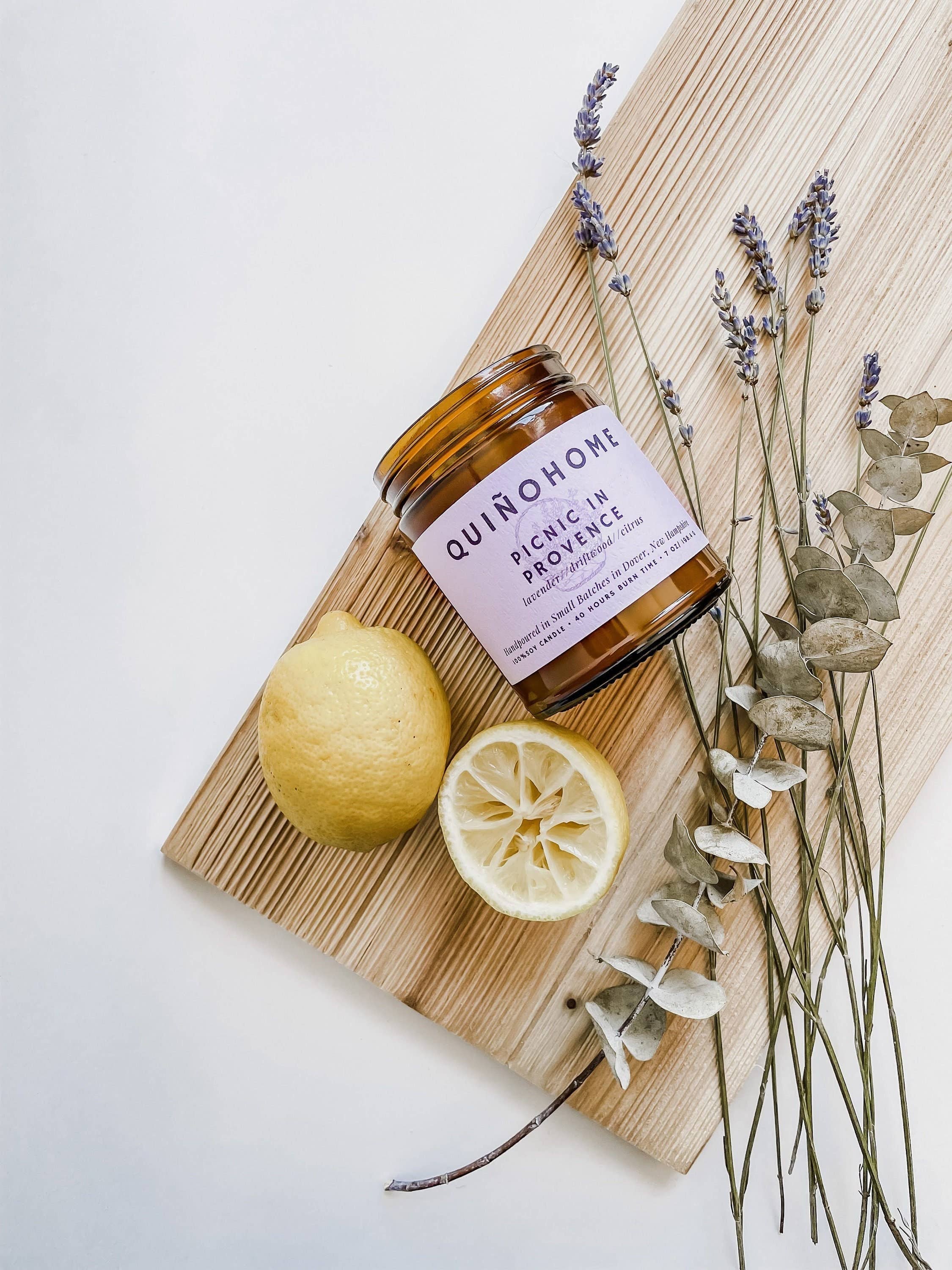 quiñohome - Wholesale Jar/Filled Candle - Picnic In Provence 7oz Soy Candle Amber Jar// Lavender, Driftwood, Citrus// Hand Poured Soy Wax// Lavender Candle// Non Toxic Candle2