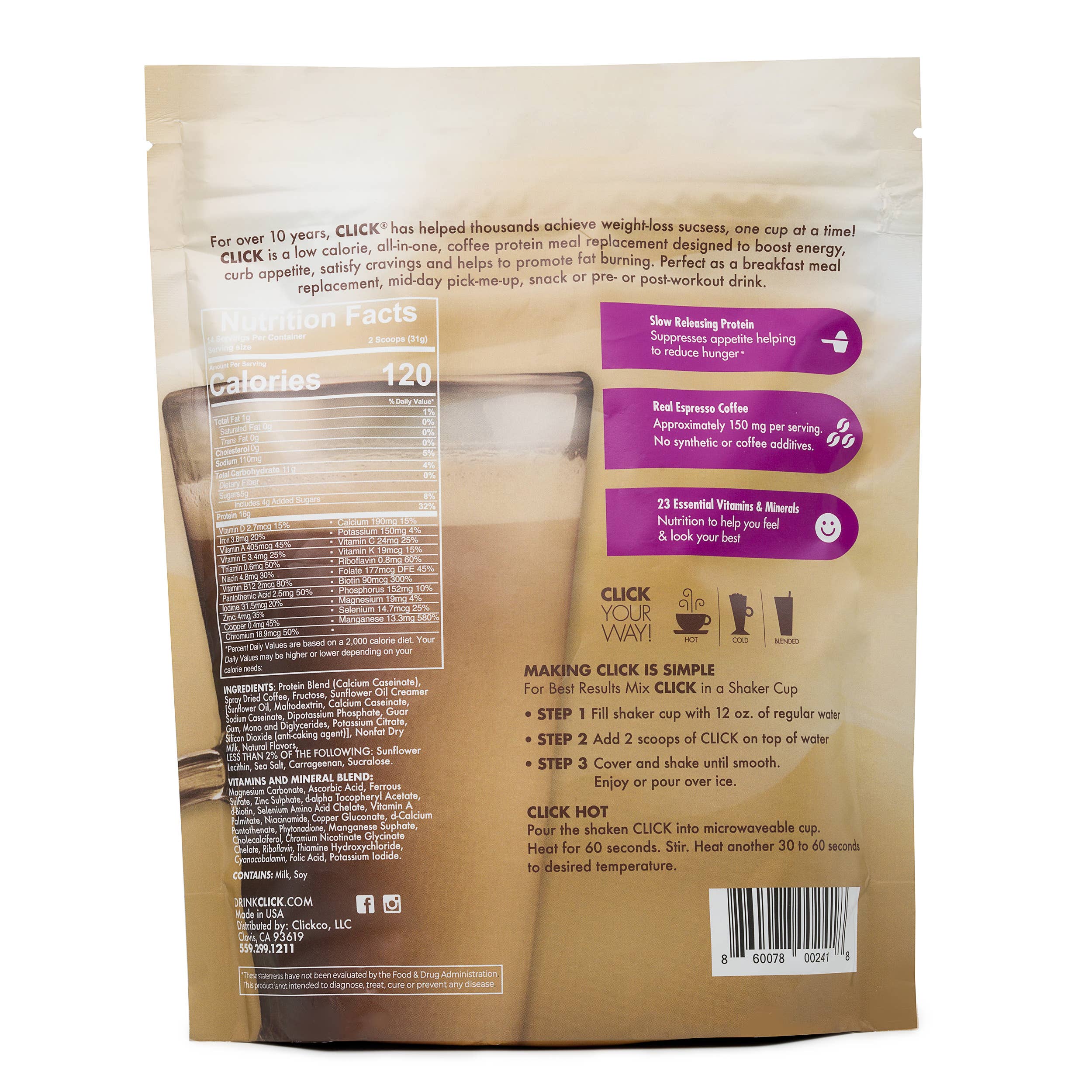 CLICK Coffee Protein Drink - Wholesale Protein/Superfood Powder - CLICK Coffee Protein Powder Meal Replacement, Vanilla Latte1