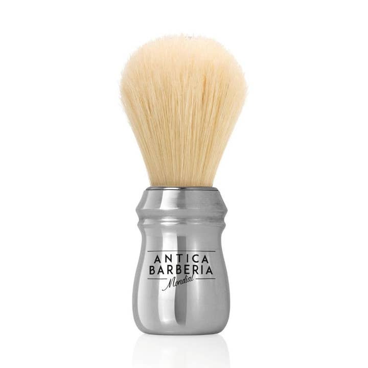 Professional Lathering Brush: Silver Brushed Aluminum with Bleached Bristle for wholesale by Antica Barberia Mondial