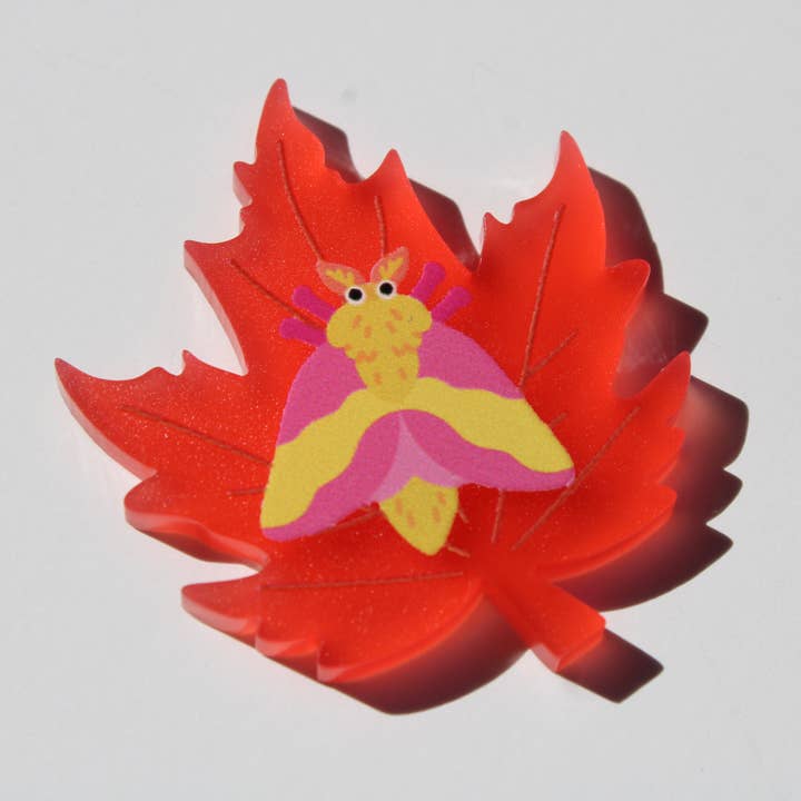 Rosy Maple Moth Acrylic Pin for wholesale by Microbiome Arts