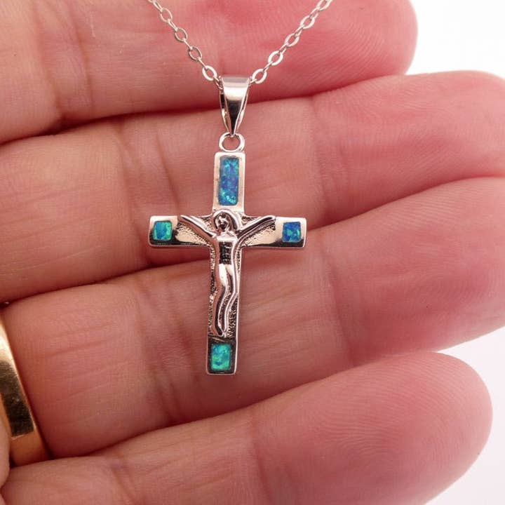 Guadalupe Gifts - Wholesale Pendant/Charm Necklace - Silver Crucifix Necklace w/ Blue Opal 18-inch