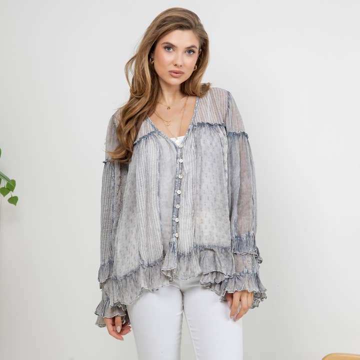 Dreamy Sheer V-Neck Ruffled Button-Front Top for wholesale by Young Threads