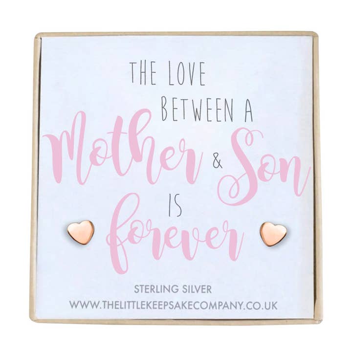 Boucles d'oreilles en or rose avec citation en vermeil - L'amour entre une mère et son fils est éternel pour la vente par The Little Keepsake Company