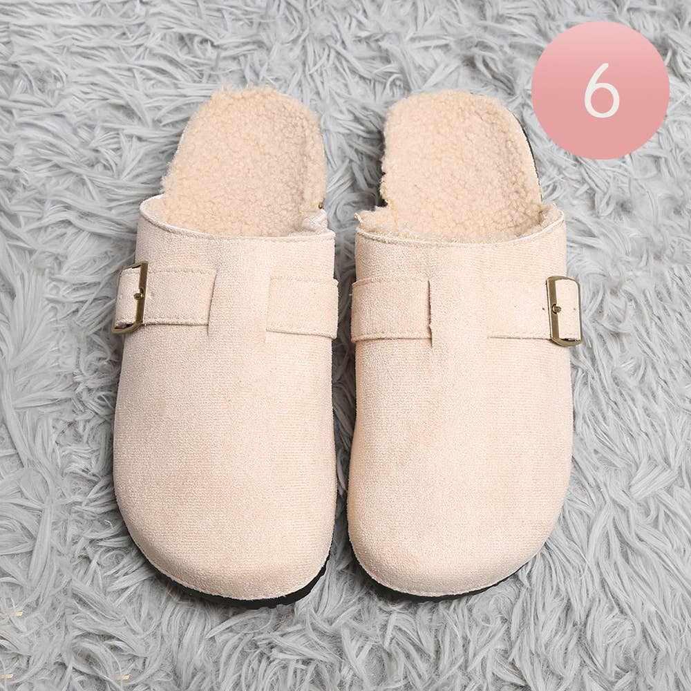 Sensibling Corp. - Vente Chaussons – femme - Mules Sabots en Suédine à Boucle en Fausse Fourrure Solide0