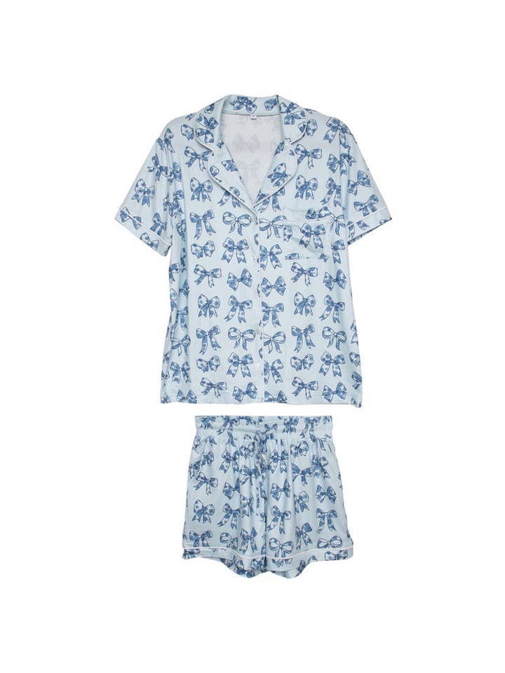 Light Blue Toile Print Coquette Bows Cute Pajamas for wholesale on Faire