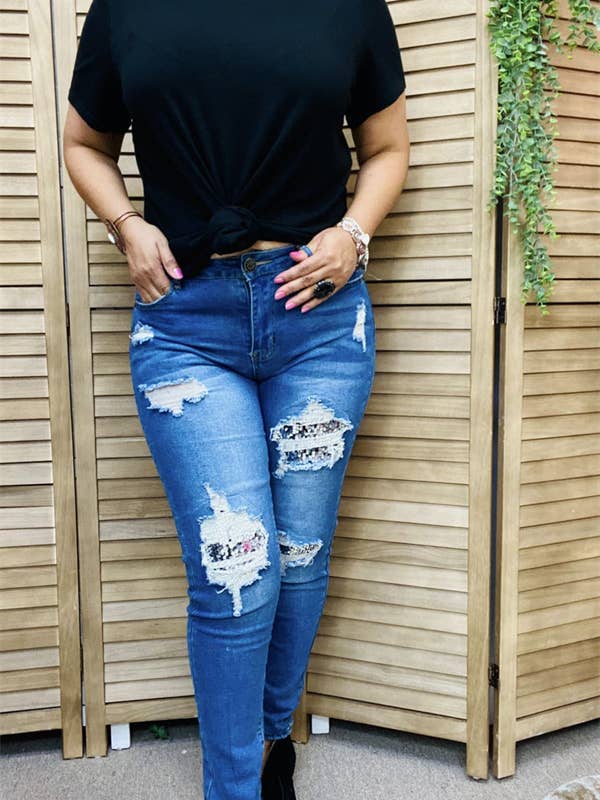 S001 Silver sequin for hole tighten women jean for wholesale by luluclothes