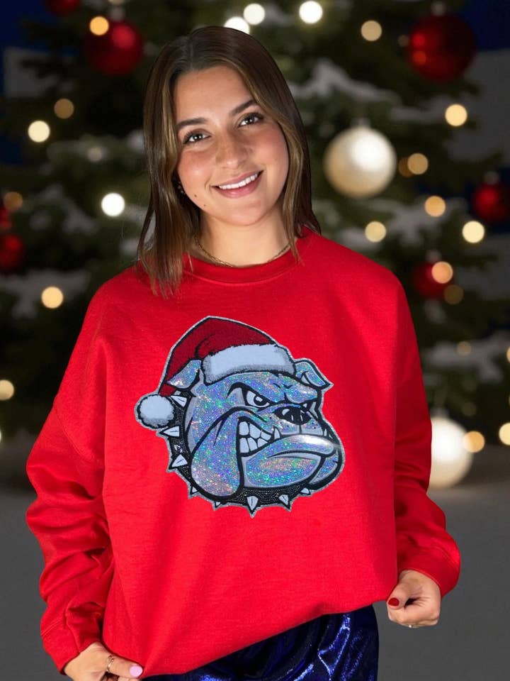 Sequin Bulldog with Santa Hat....Patches Only for wholesale by 6j Threads LLC