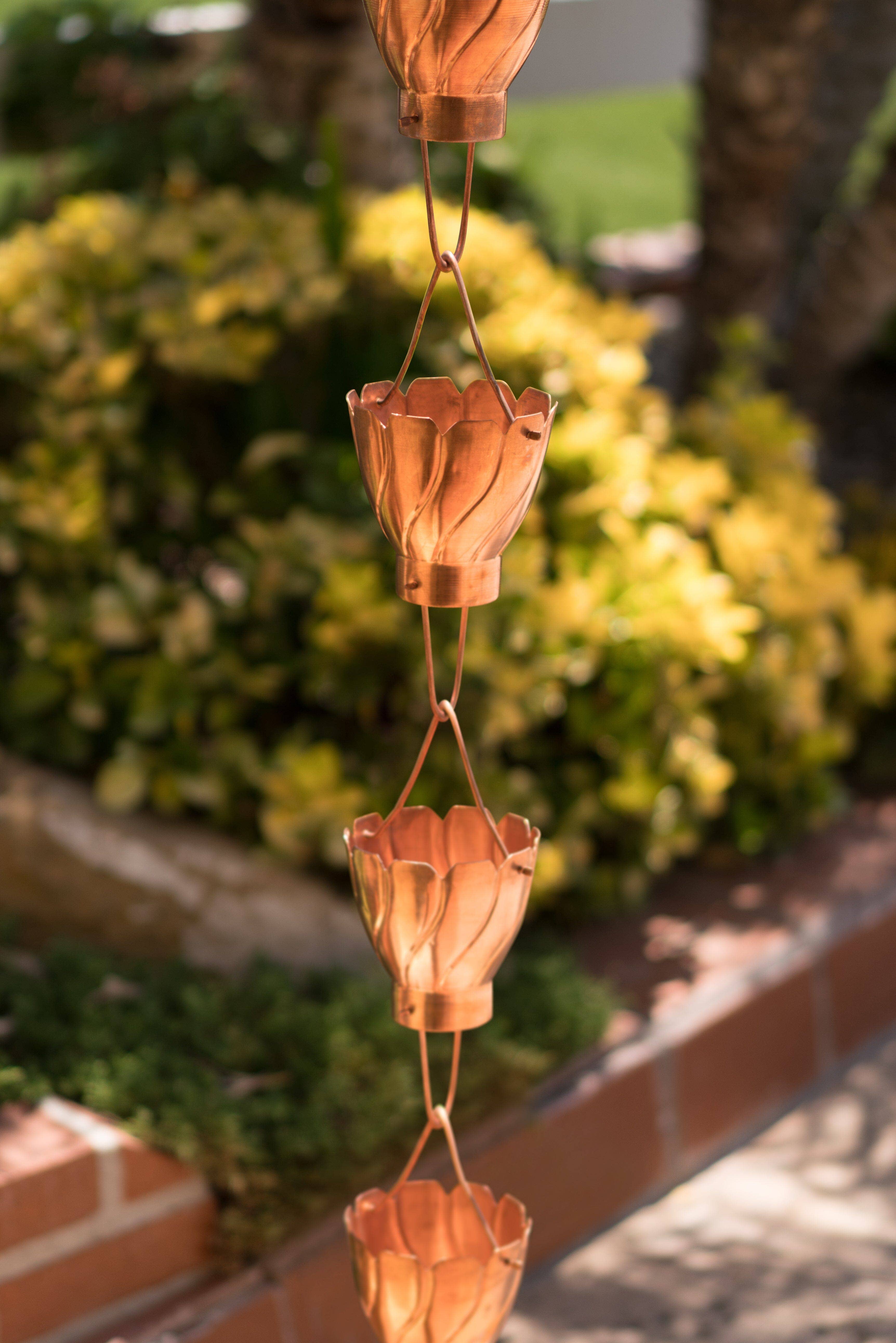 Pure Copper Akira Cup Style Rain Chain Replacement Downspout for Gutters for wholesale on Faire10