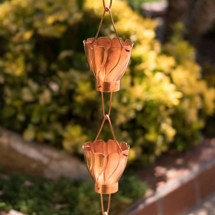 Pure Copper Akira Cup Style Rain Chain Replacement Downspout for Gutters for wholesale on Faire10