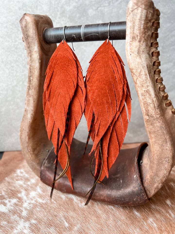Dutton Fringe Feather | Burnt Orange for wholesale by Fringed In Faith