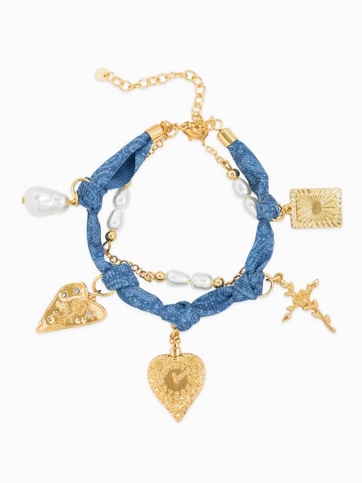 Perlenbesetztes, geschichtetes Denim-Bandana-Schal-Herzarmband für den Großhandel von Sessori