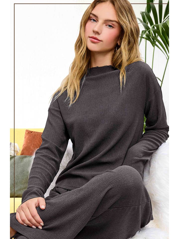 La Miel - Wholesale Lounge Set - Women's - HSET2521-Stretchy Crinkled Fabric Relaxed Fit Lounge Set