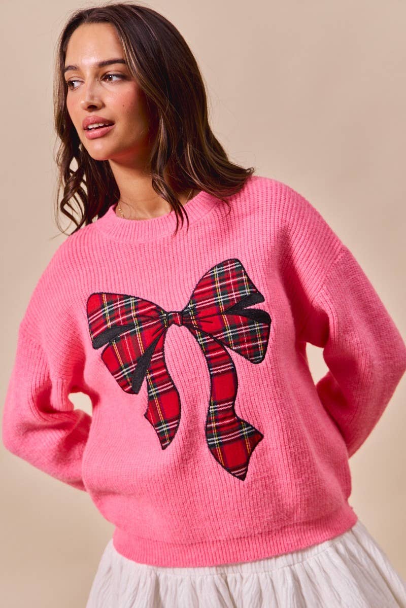 IVE - Wholesale Knit Sweater - Women's - Checker Plaid Ribbon Christmas Holiday Sweater Top10