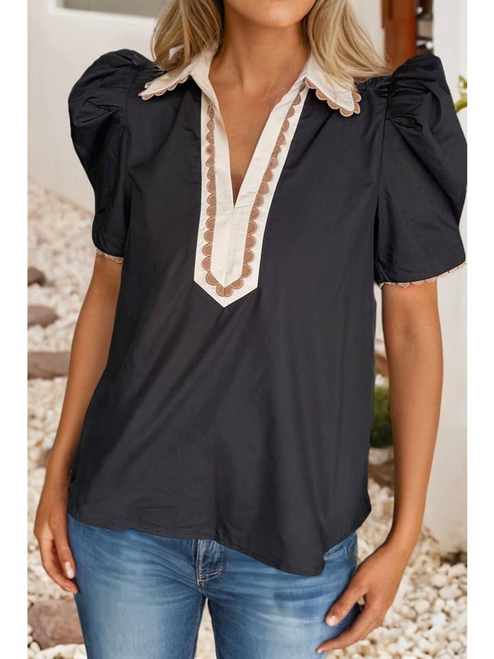 Black LDC Color Block Patchwork Shirt Collar Short Sleeve Blouse for wholesale on Faire3