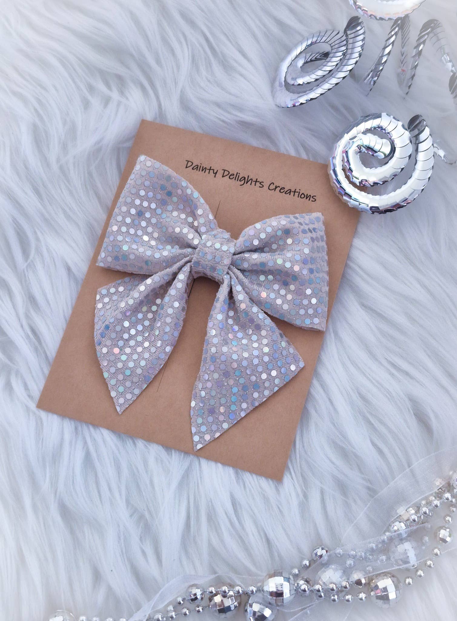 Dainty Delights Creations - Wholesale Hair Bow - Kids - Mini Annabelle Bow-White Iridescent Disco Dot Wholesale1