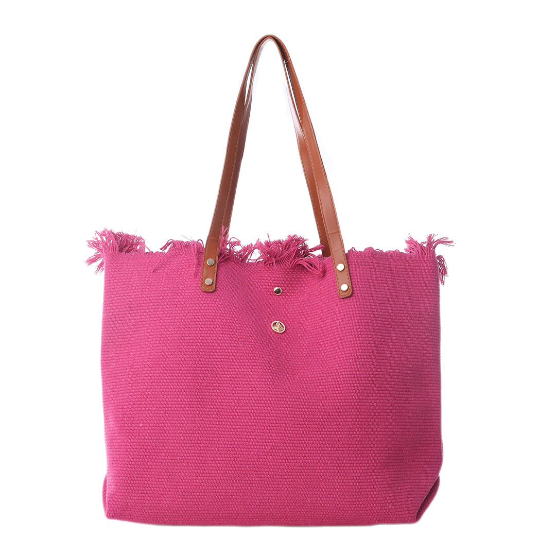 VIA FIORE - Wholesale Beach Bag - VIA FIORE Pink Fringe Tote with Leather Straps0