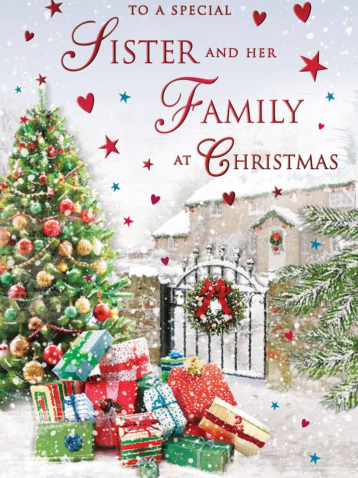 Christmas Card, Sister & Family, Pileof gifts for wholesale by Piccadilly Greetings