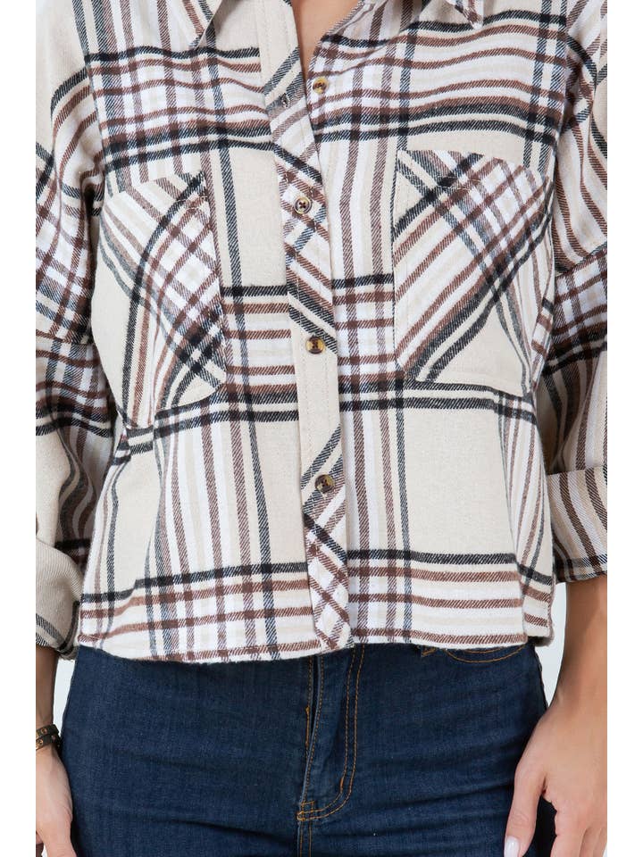 Veracci - Wholesale Button Down Shirt - Women's - Boxy Cropped Long Sleeve Plaid Over Shirt14