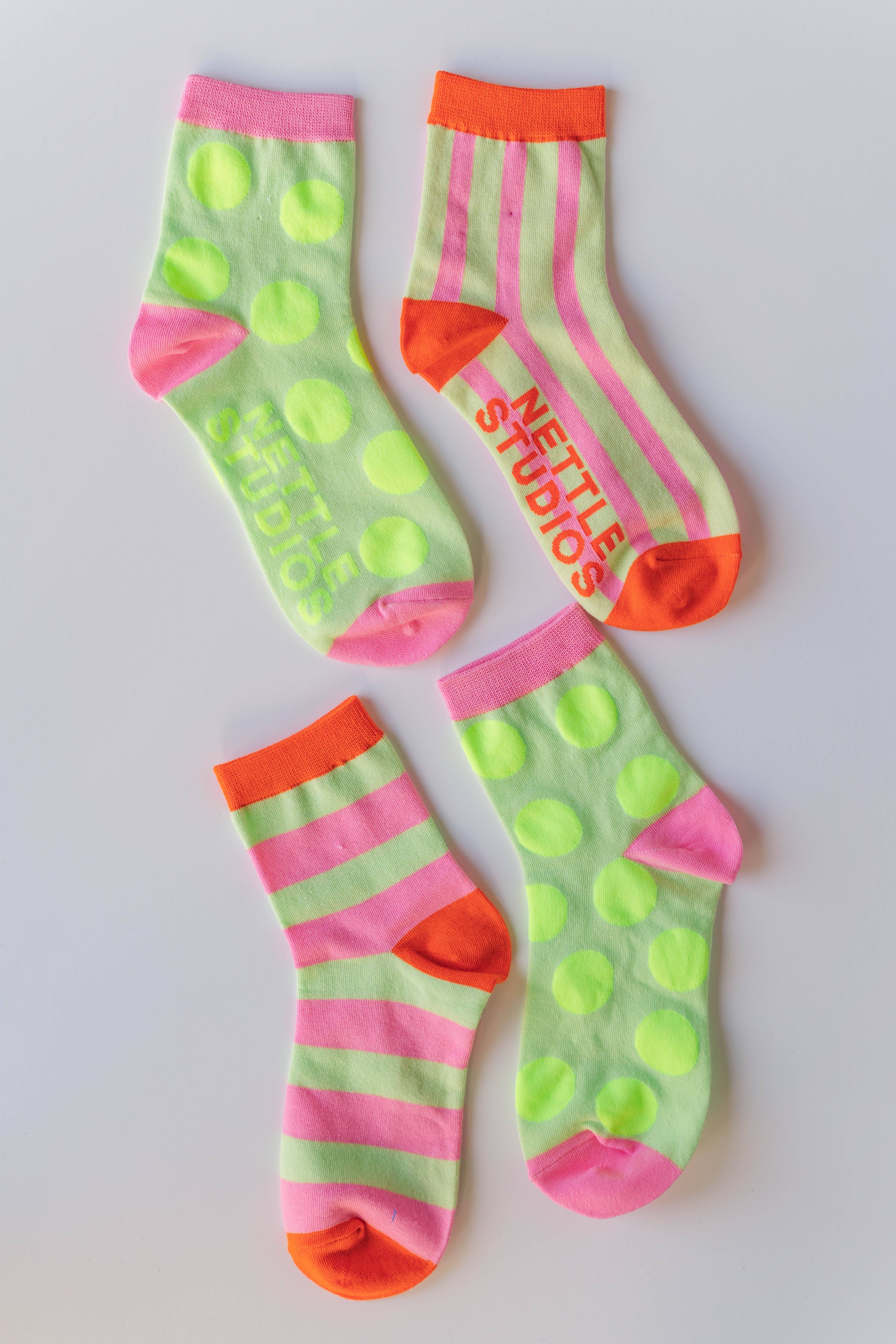Nettle Studios - Wholesale Socks - Women's - Women’s Spring Novelty Cotton Neon Yellow Dot Ankle Socks3