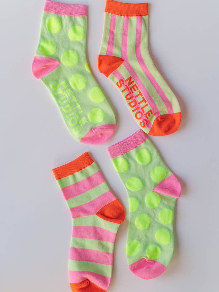 Nettle Studios - Wholesale Socks - Women's - Women’s Spring Novelty Cotton Neon Yellow Dot Ankle Socks3