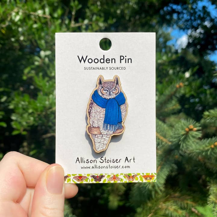 Allison Stoiser Art - Wholesale Lapel Pin/Button - Cozy Great Horned Owl Wooden Pin (Sustainably Sourced)