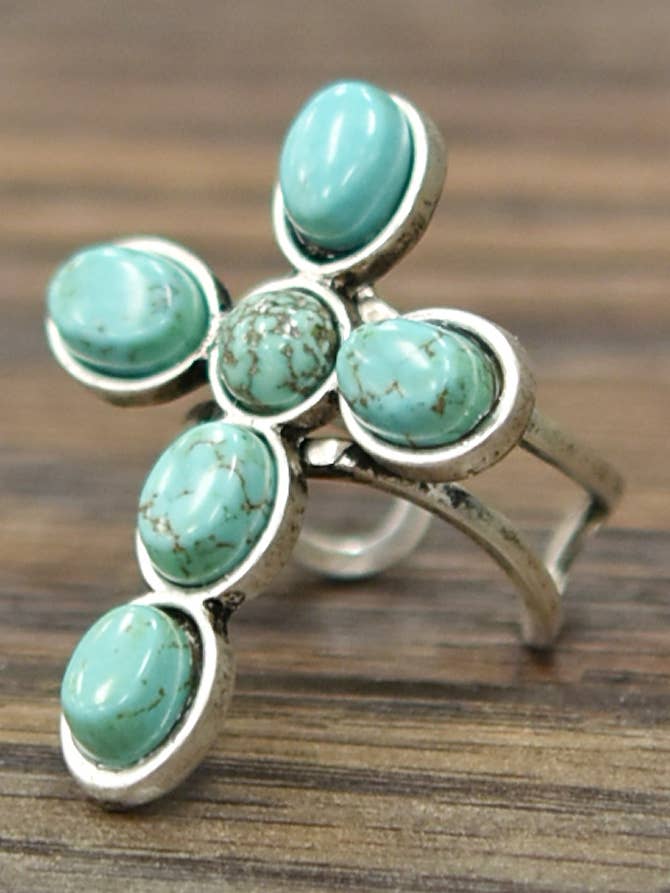 750167, Cross Turquoise, Brass Adjustable Ring for wholesale by ISAC Trading Inc