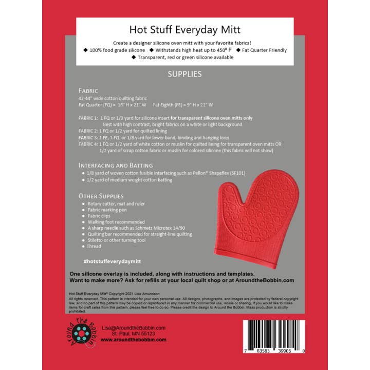 Around the Bobbin - Wholesale Oven Mitt/Pot Holder - Hot Stuff Everyday Mitt-Red | Sewing Pattern with Silicone