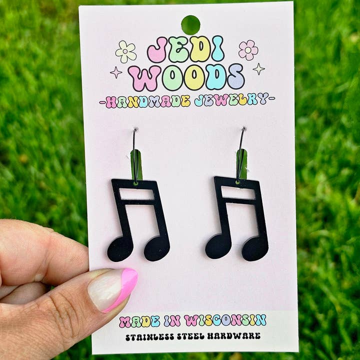 Black Music Note Earrings - Slanted Beamed Sixteenth Note for wholesale by Jedi Woods LLC