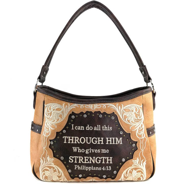 Lunar Deer - Vendita all'ingrosso Tracolla - Donna - Bible Verse Philippians 4:13 Borsa Hobo con ricamo15