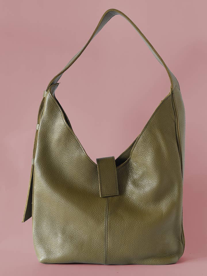 Pebbled Olive Green Leather Bindle Shoulder Bag for wholesale by Purse & Clutch